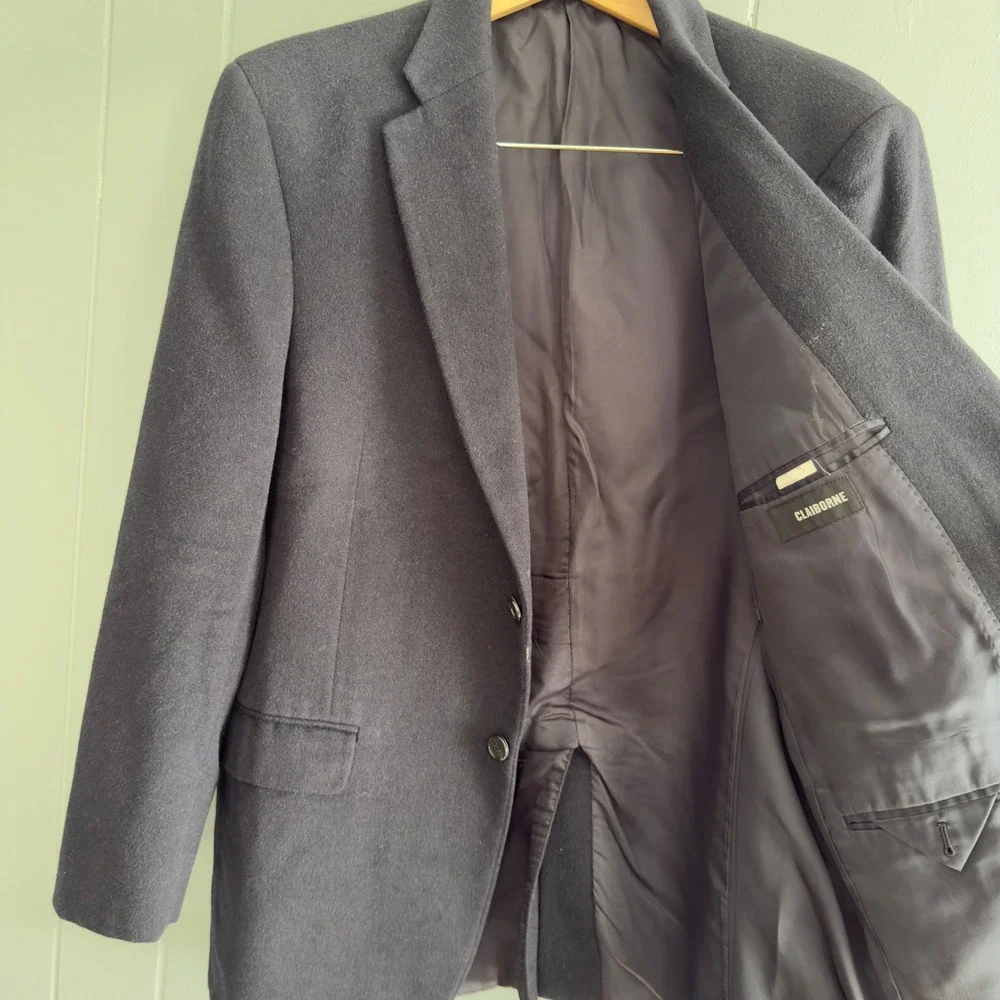 Vintage Claiborne Wool Silk‎ Cashmere Blazer 42R Navy Quiet Luxury Unisex